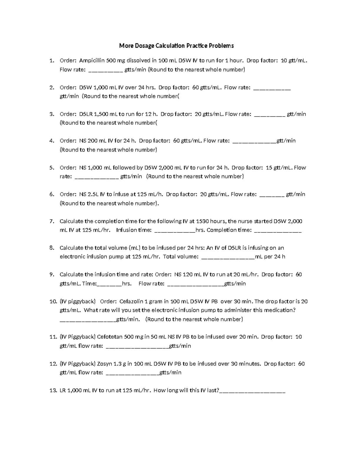 Practice Dosage Calculation IV Problems with Key (NUR 101) - Studocu