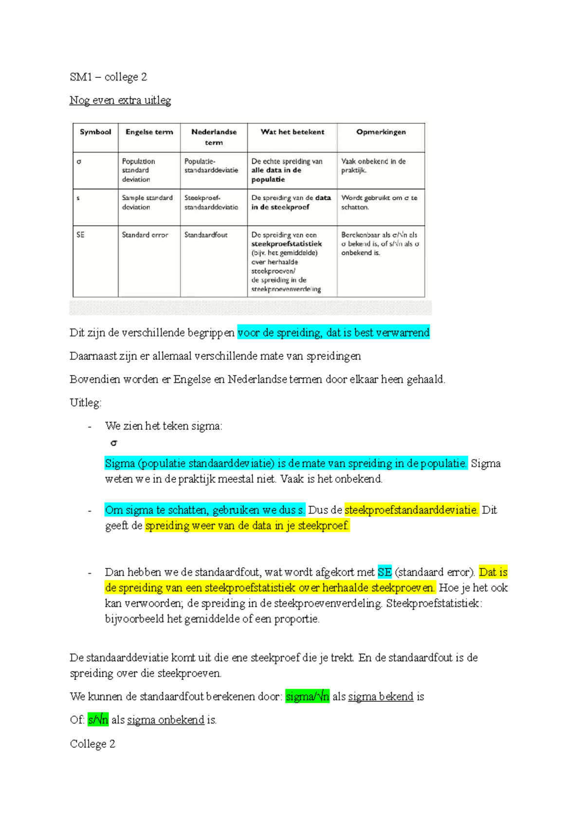 SM1 - College 2: Betrouwbaarheidsintervallen en Spreiding Uitleg ...