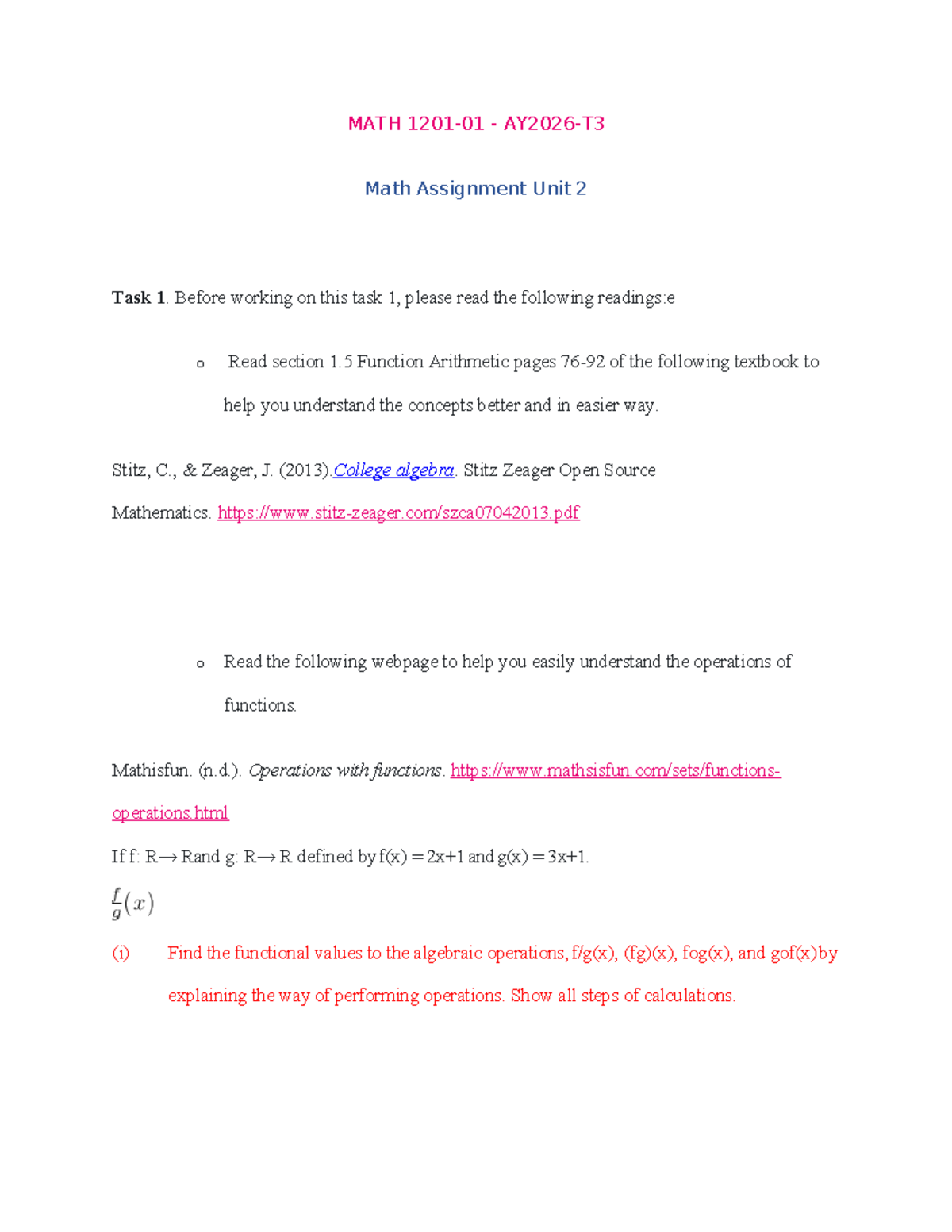 MATH 1201 Assignment Unit 2: Function Operations & Graph Analysis - Studocu