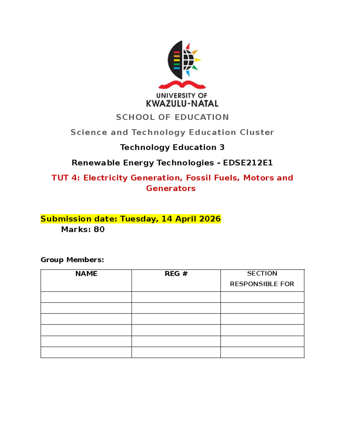 EDSE212 - TUT 4: Renewable Energy & Electricity Generation Notes - Studocu