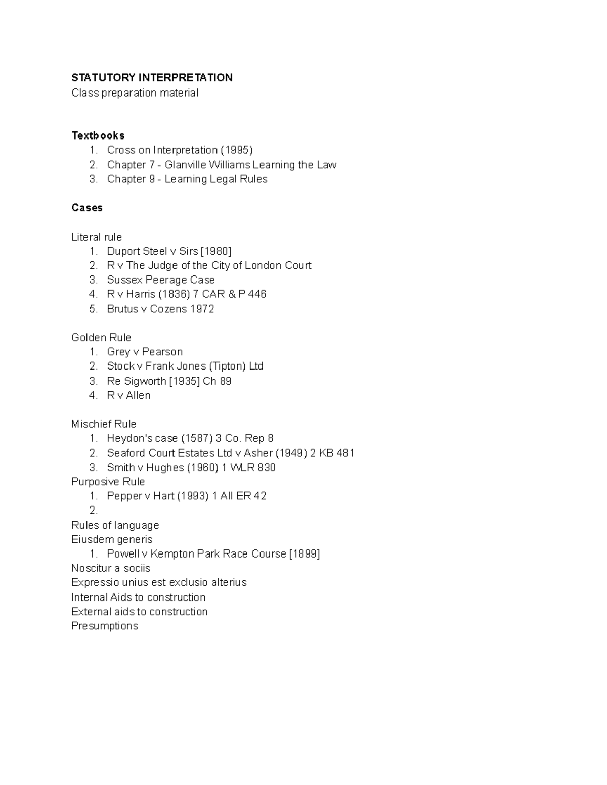 STATUTORY INTERPRETATION Class Prep: Key Cases & Rules - Studocu
