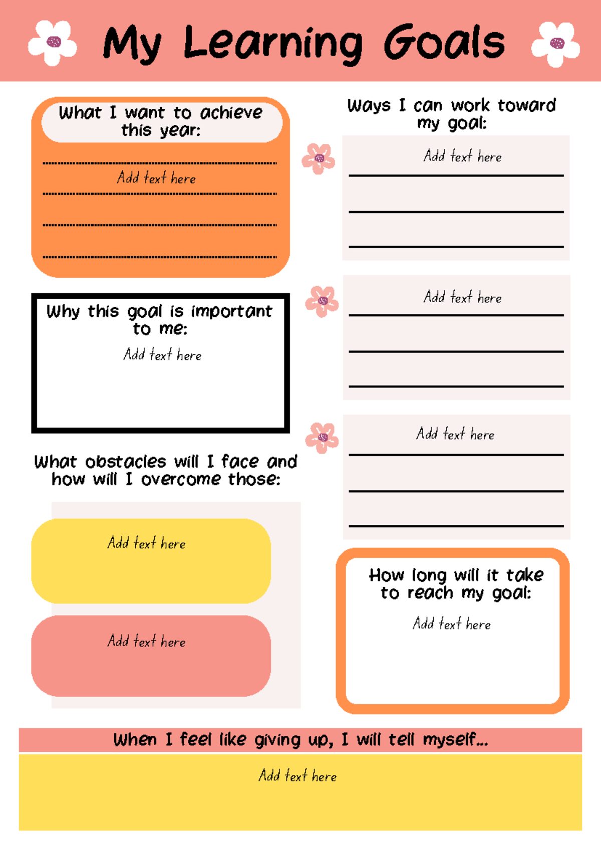 Learning Goal Setting Worksheet - My Learning Goals When I feel like ...