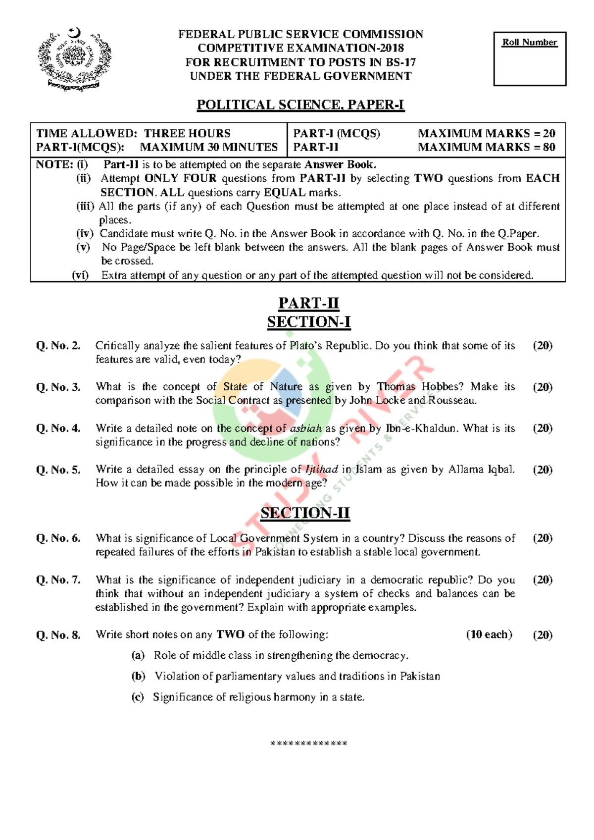 Political Science 2018 CSS Past Paper - TIME ALLOWED: THREE HOURS PART ...