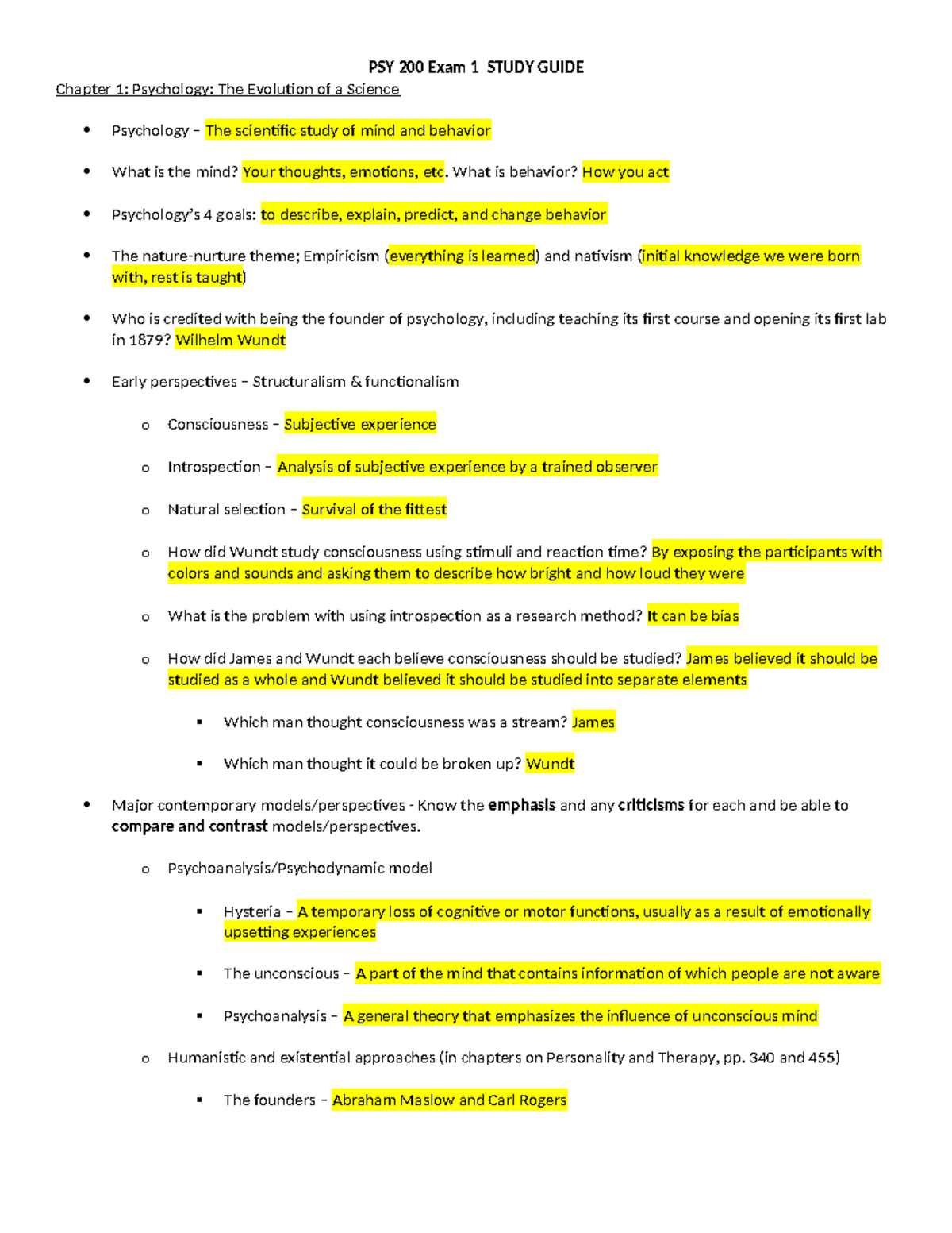 PSY 200 Exam 1 Study Guide: Key Concepts in Psychology and Methods ...