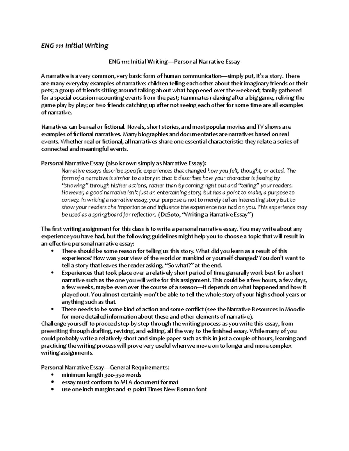 ENG 111 Personal Narrative Essay - Initial Writing Assignment - Studocu