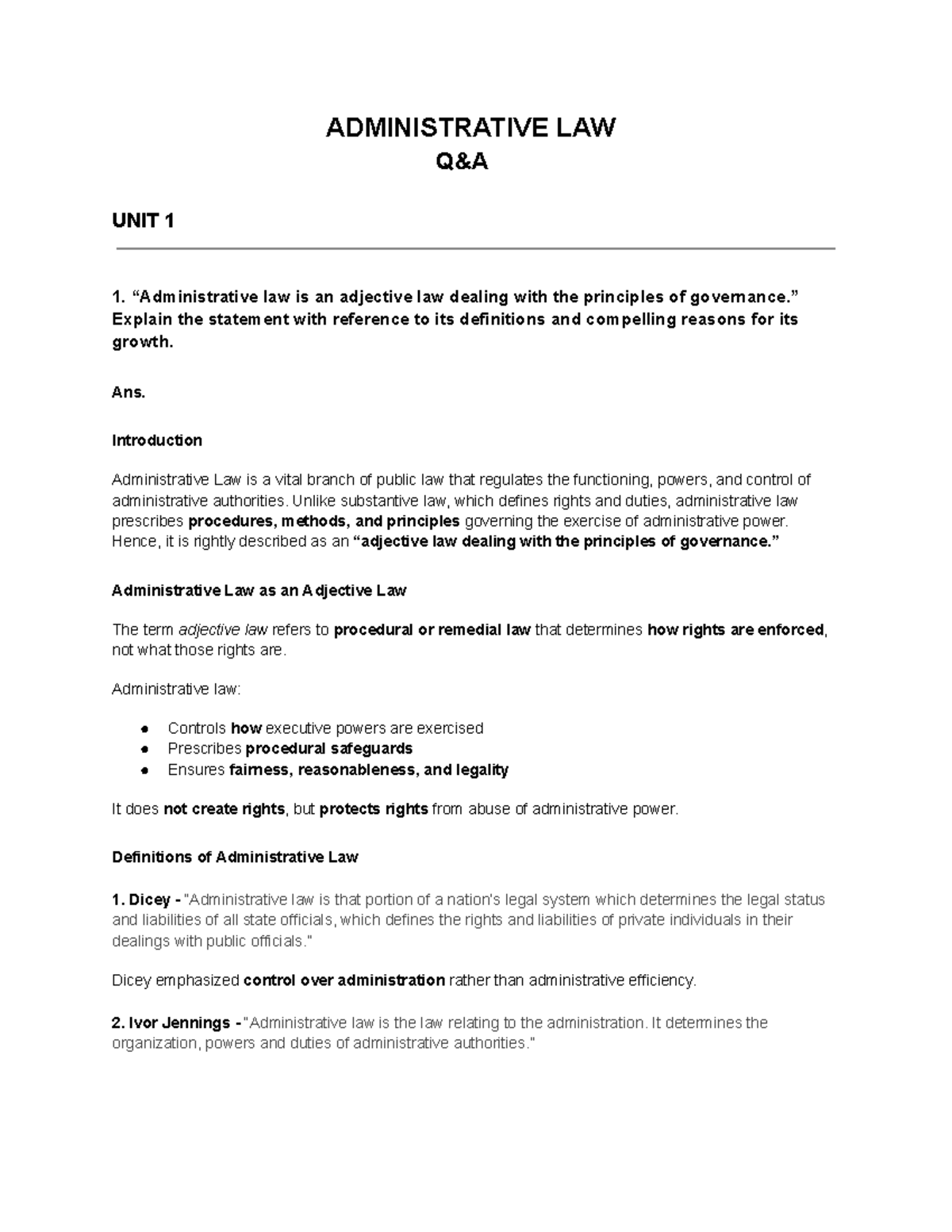 Administrative Law Q&A (Units 1-4) - Key Concepts and Principles - Studocu