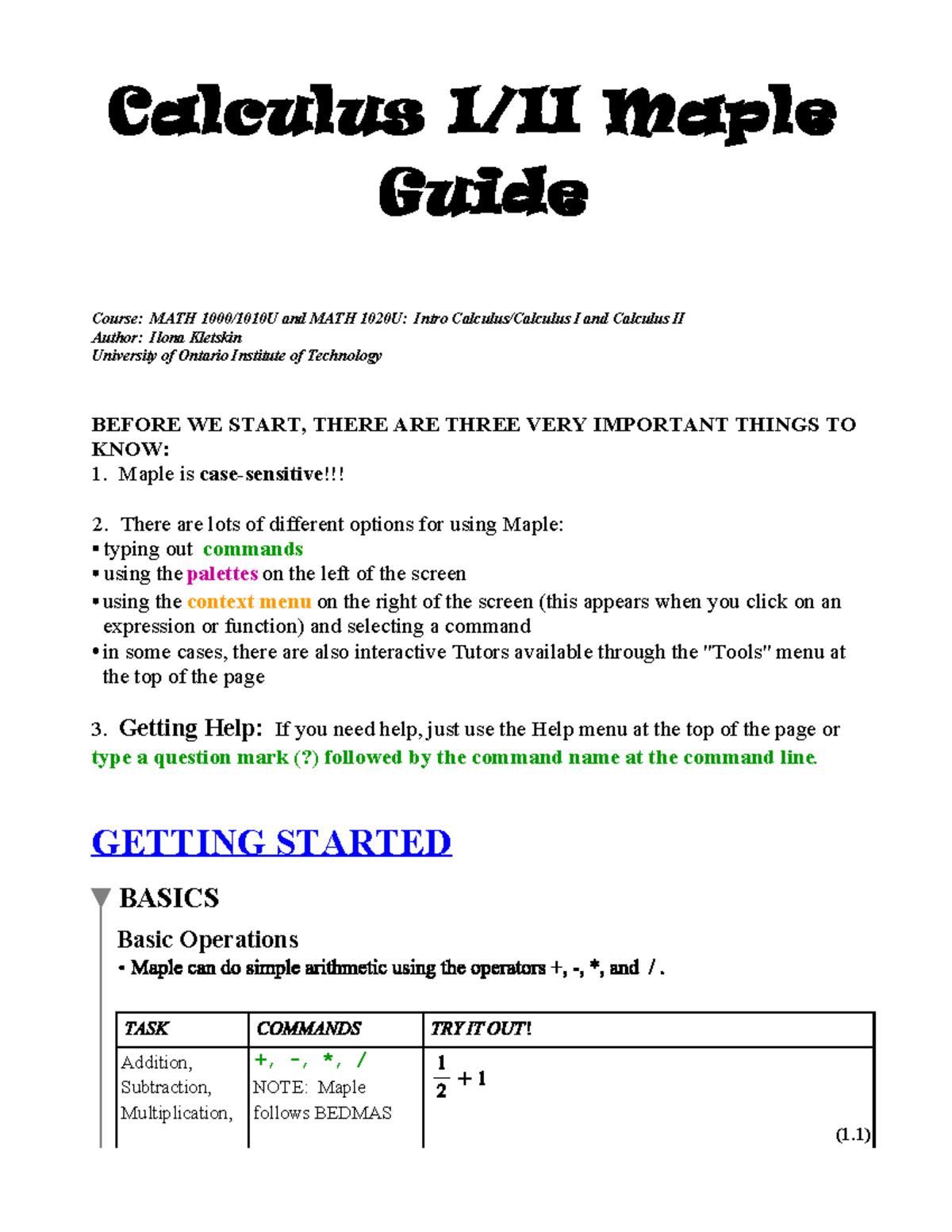 Maple Guide for MATH 1020U: Intro to Calculus I & II - Studocu