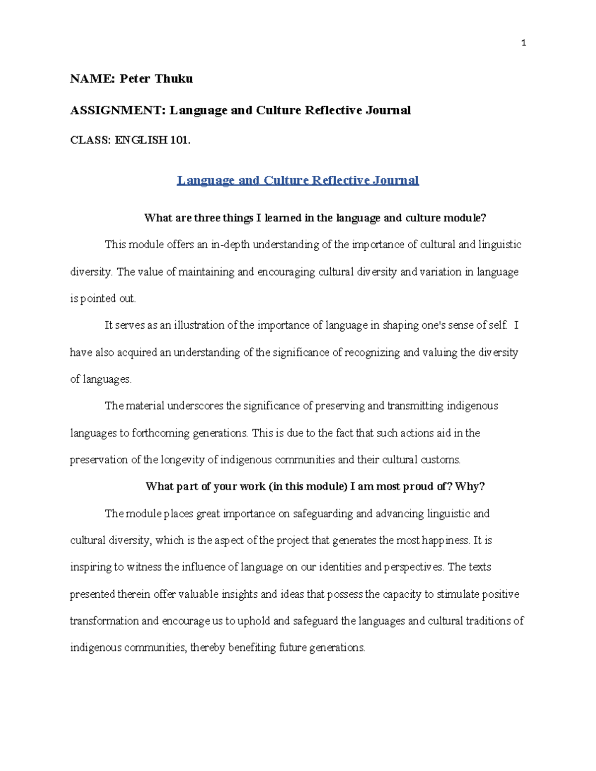 Language and Culture Reflective Journal..... - Copy - 1 NAME: Peter ...