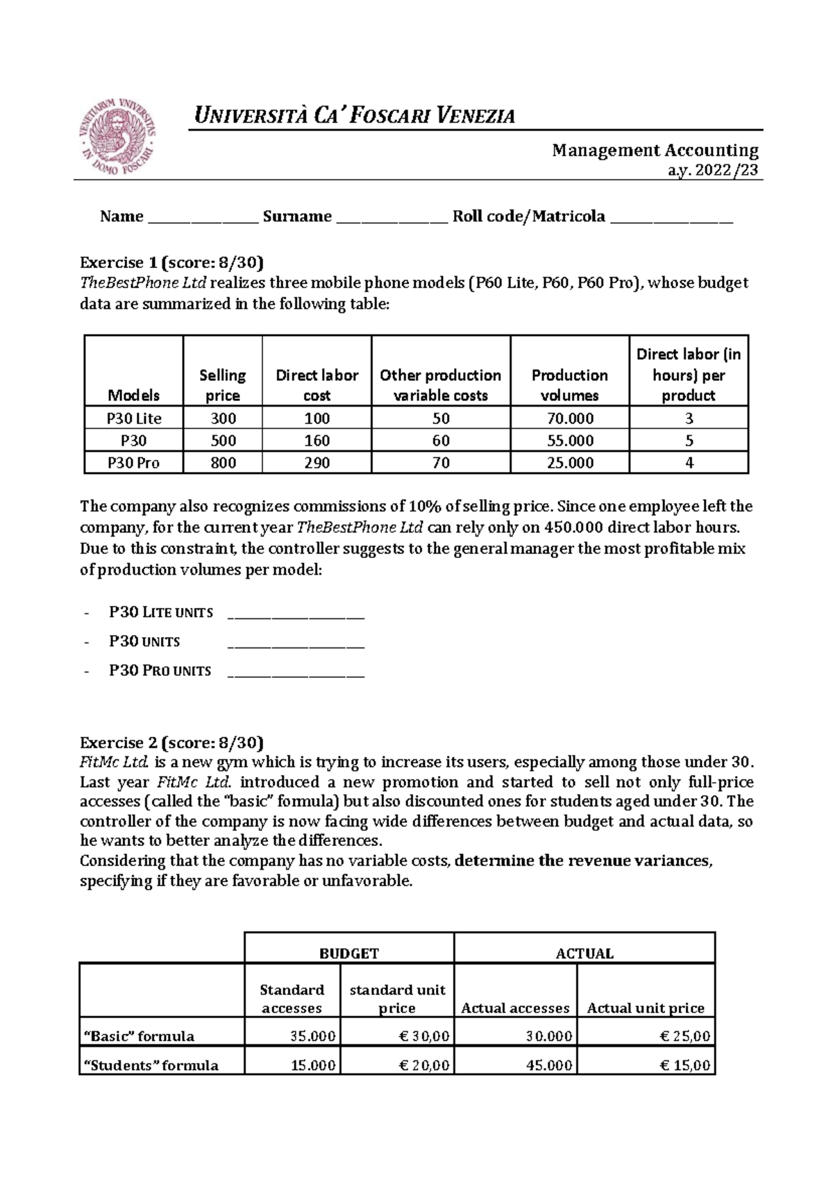 Management Accounting 2 Final Exam - December 11, 2022 - Studocu