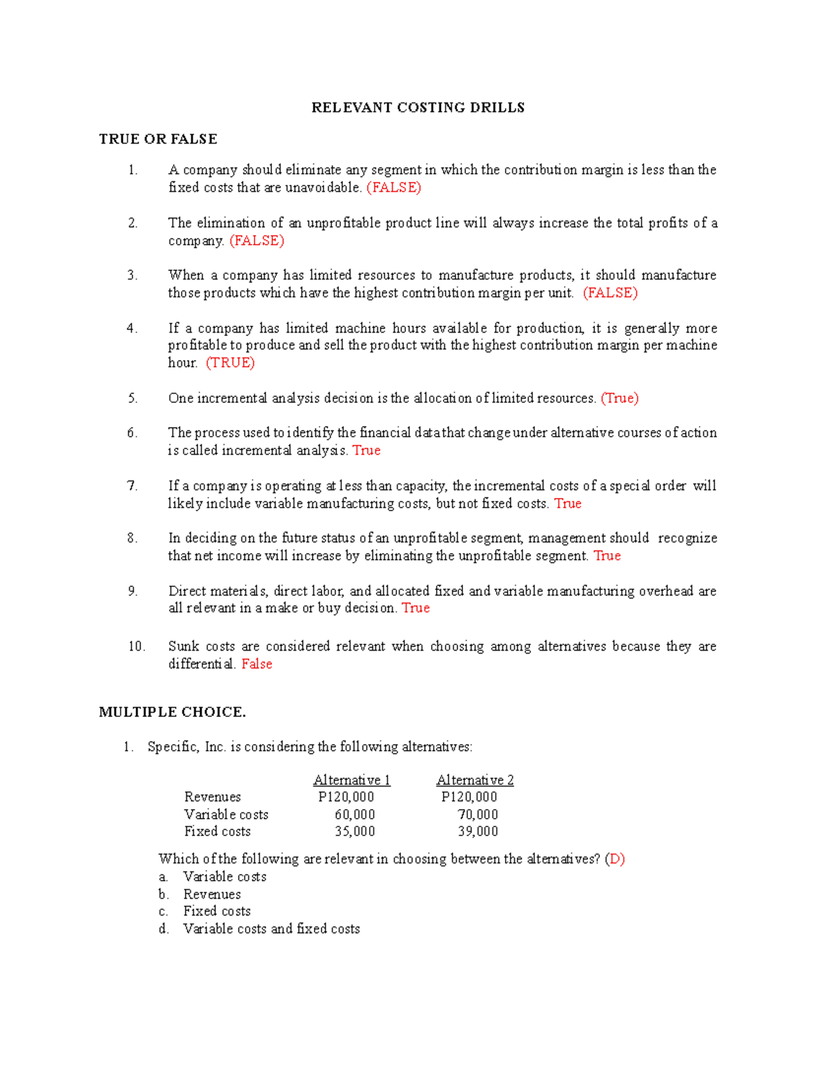 Relevant Costing Drills: True or False & Multiple Choice Analysis - Studocu