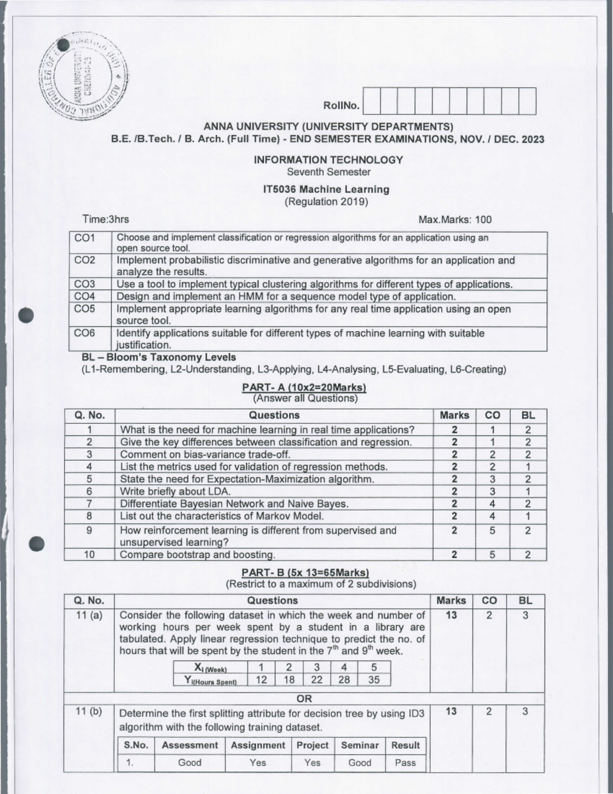 IT 5036 Machine Learning Past Year Question Paper - Nov/Dec 2023 - Studocu
