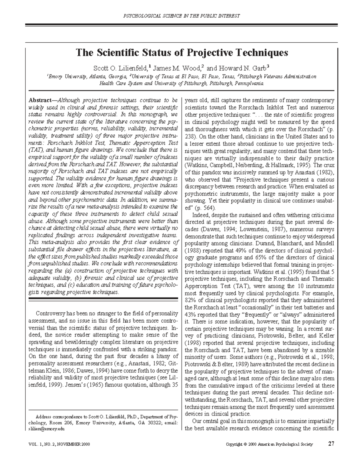 PSY 101: Evaluating the Scientific Status of Projective Techniques ...
