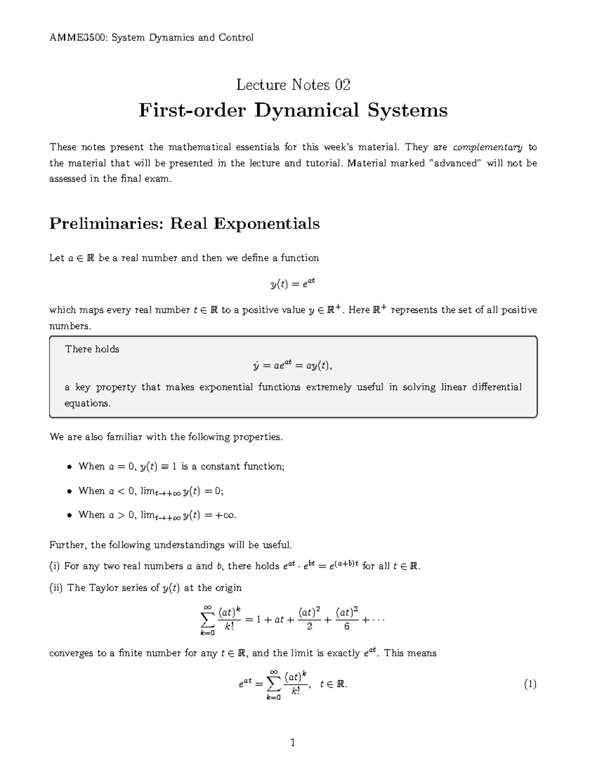 LN02 First Order Dynamical - AMME3500: System Dynamics and Control ...