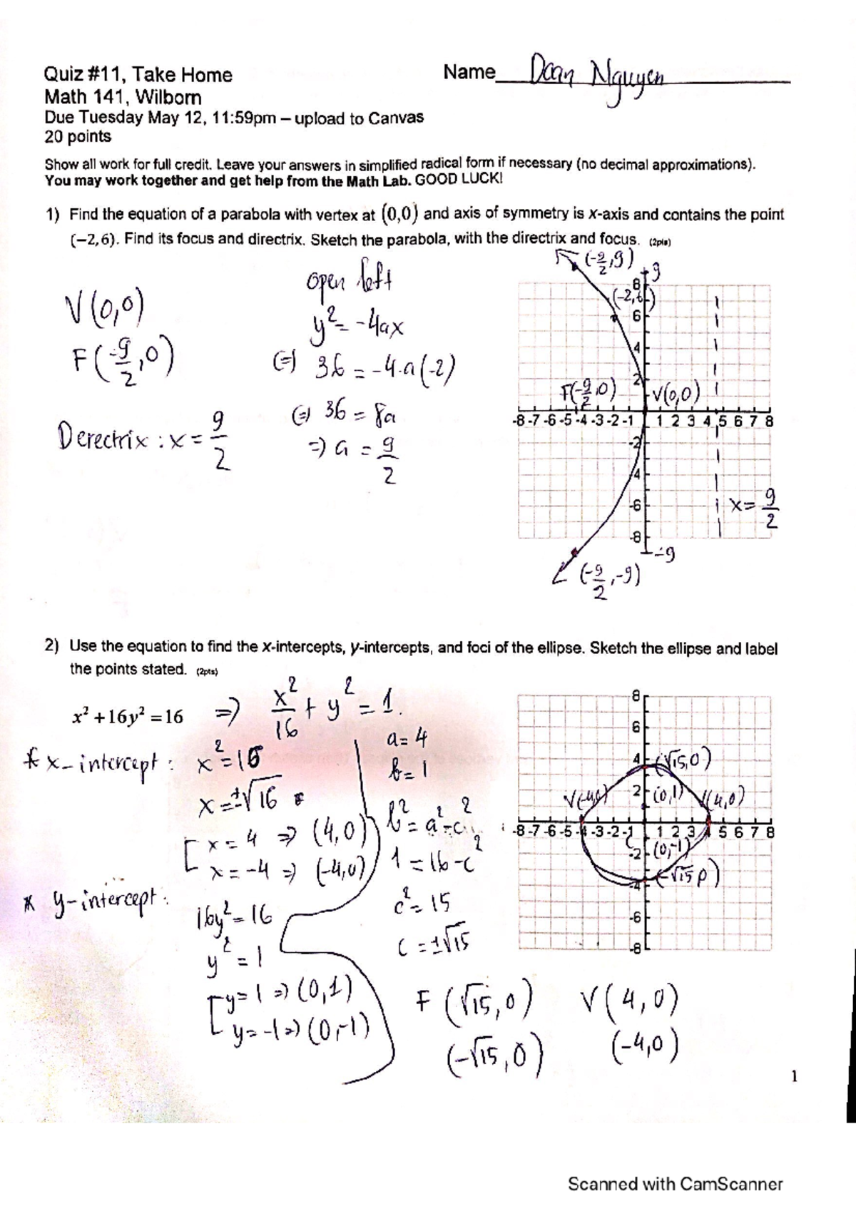 Math 141 Quiz Solutions & Work Example: Parabolas, Ellipses, Hyperbolas ...