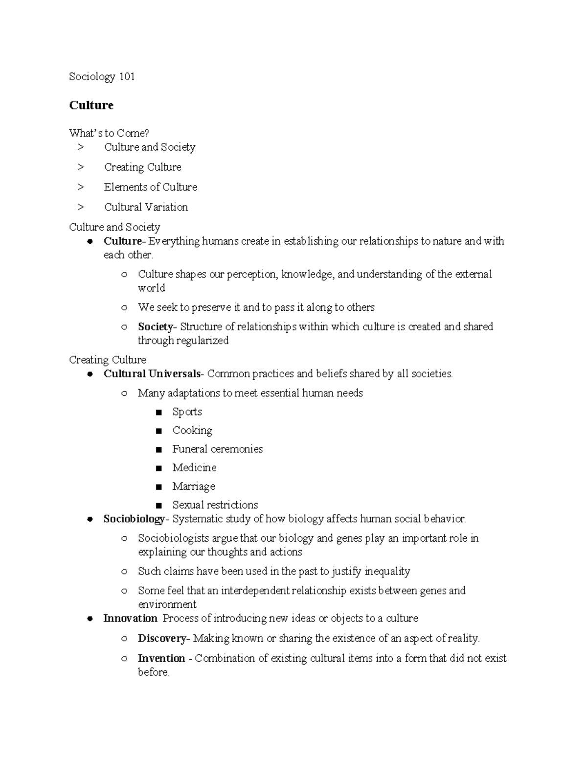 SOC 101 Chapter 3: Culture and Its Elements Overview - Studocu