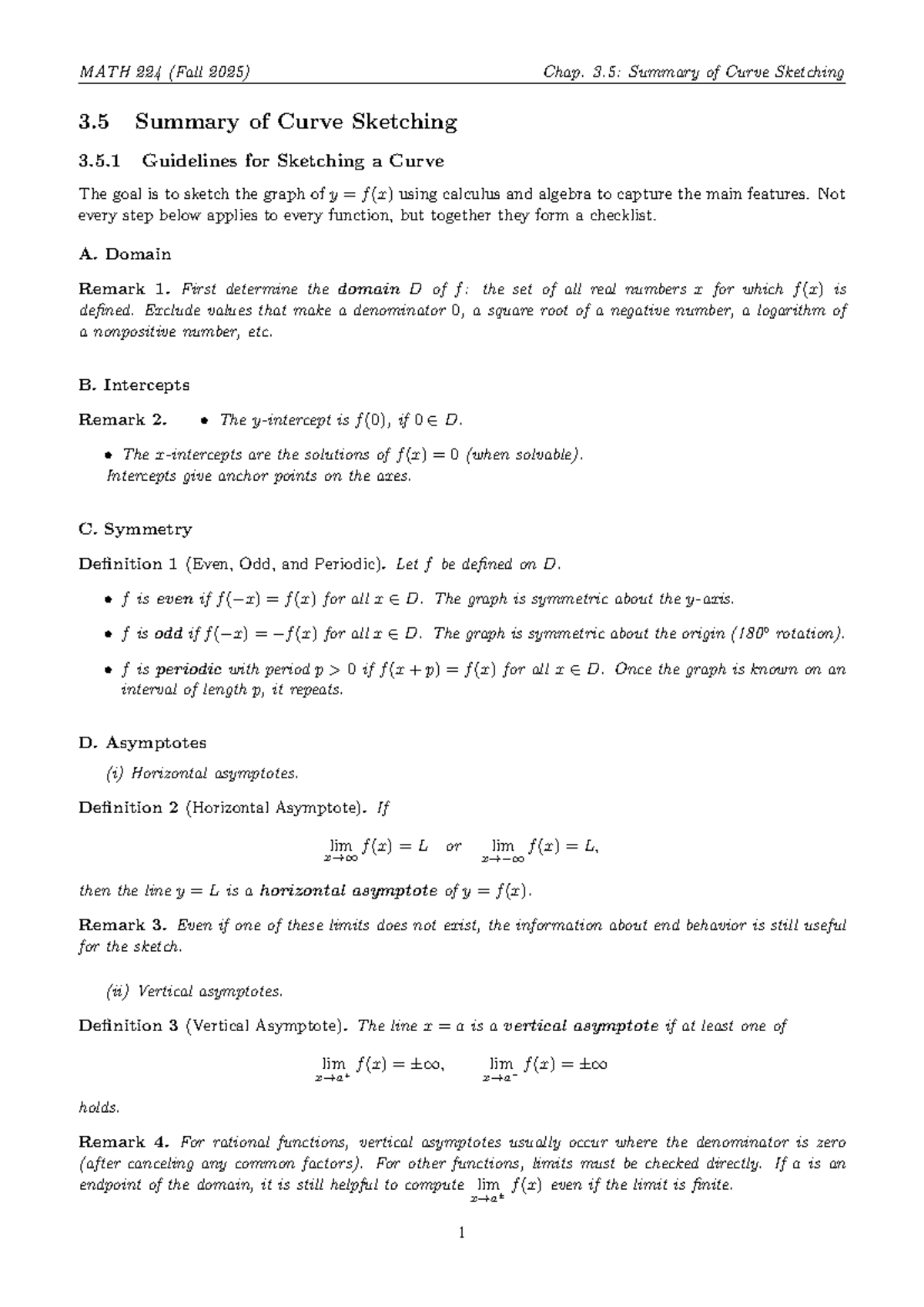 MATH 224 (Fall 2025) Chap. 3.5: Curve Sketching Guidelines and Summary ...
