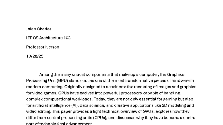 IFT 103 Essay: The Transformative Role of GPUs in Computing - Studocu