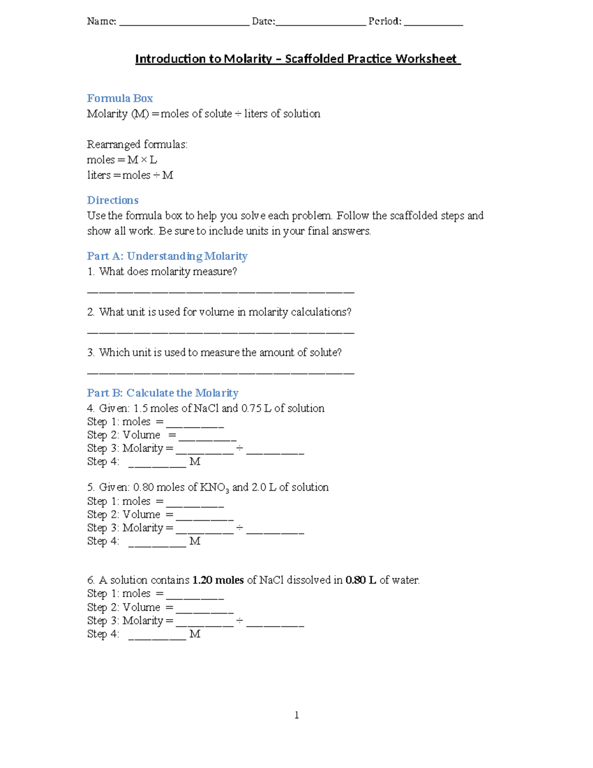 B Introduction to Molarity (CHEM101) – Scaffolded Practice Worksheet ...