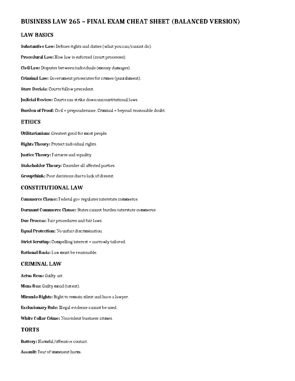 BUSINESS LAW 265 FINAL EXAM CHEAT SHEET (BALANCED VERSION) - Studocu