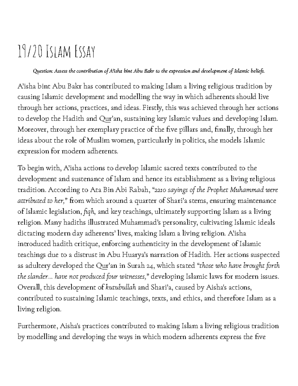 Islam Essay: The Impact of Aisha bint Abu Bakr on Islamic Beliefs (6823 ...