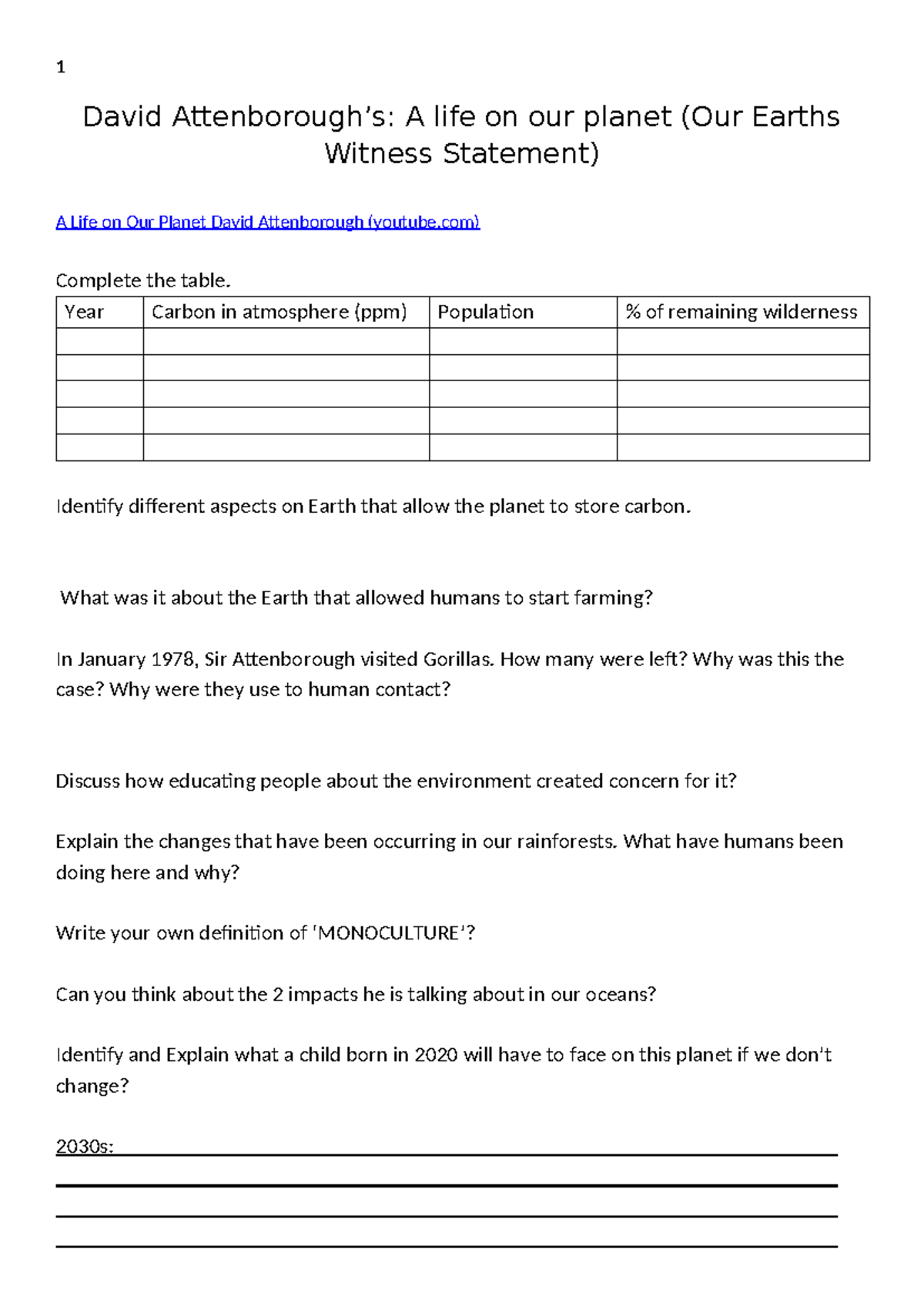 Attenborough: A Life on Our Planet Worksheet Analysis - Studocu