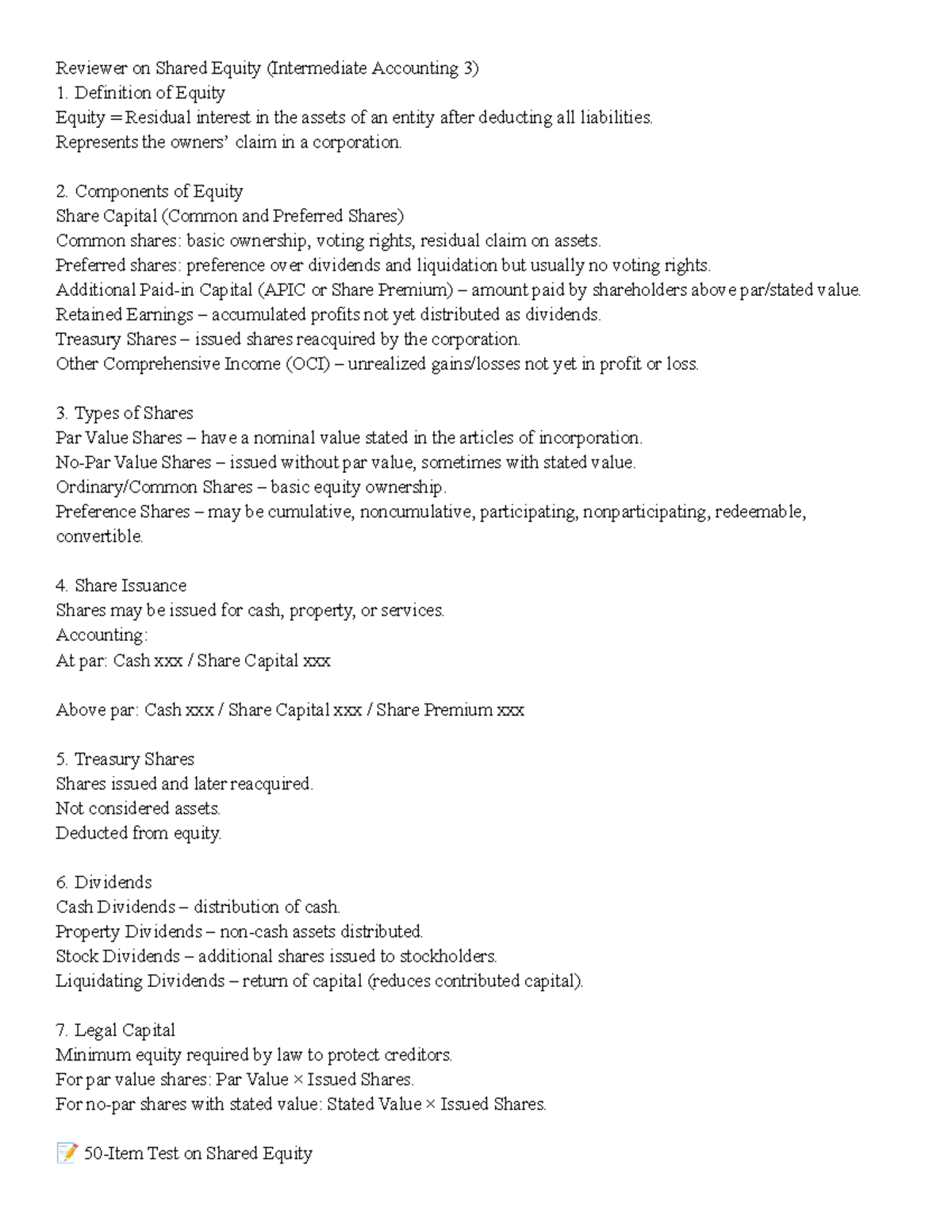 Intermediate Accounting 3: Review on Shared Equity Concepts - Studocu