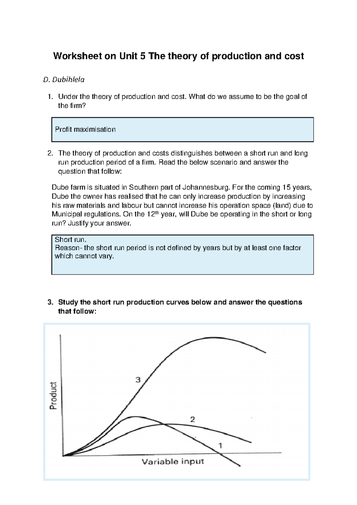 Economics Worksheet 5: Theory of Production and Cost Analysis - Studocu