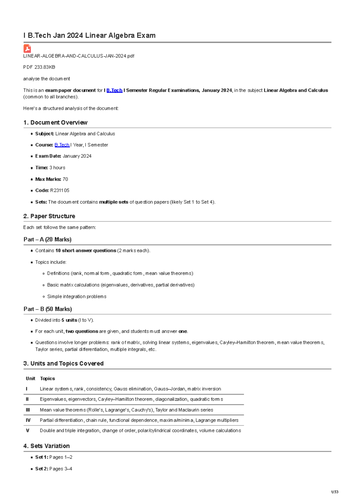 I B.Tech Jan 2024 Linear Algebra & Calculus Exam Analysis - Studocu