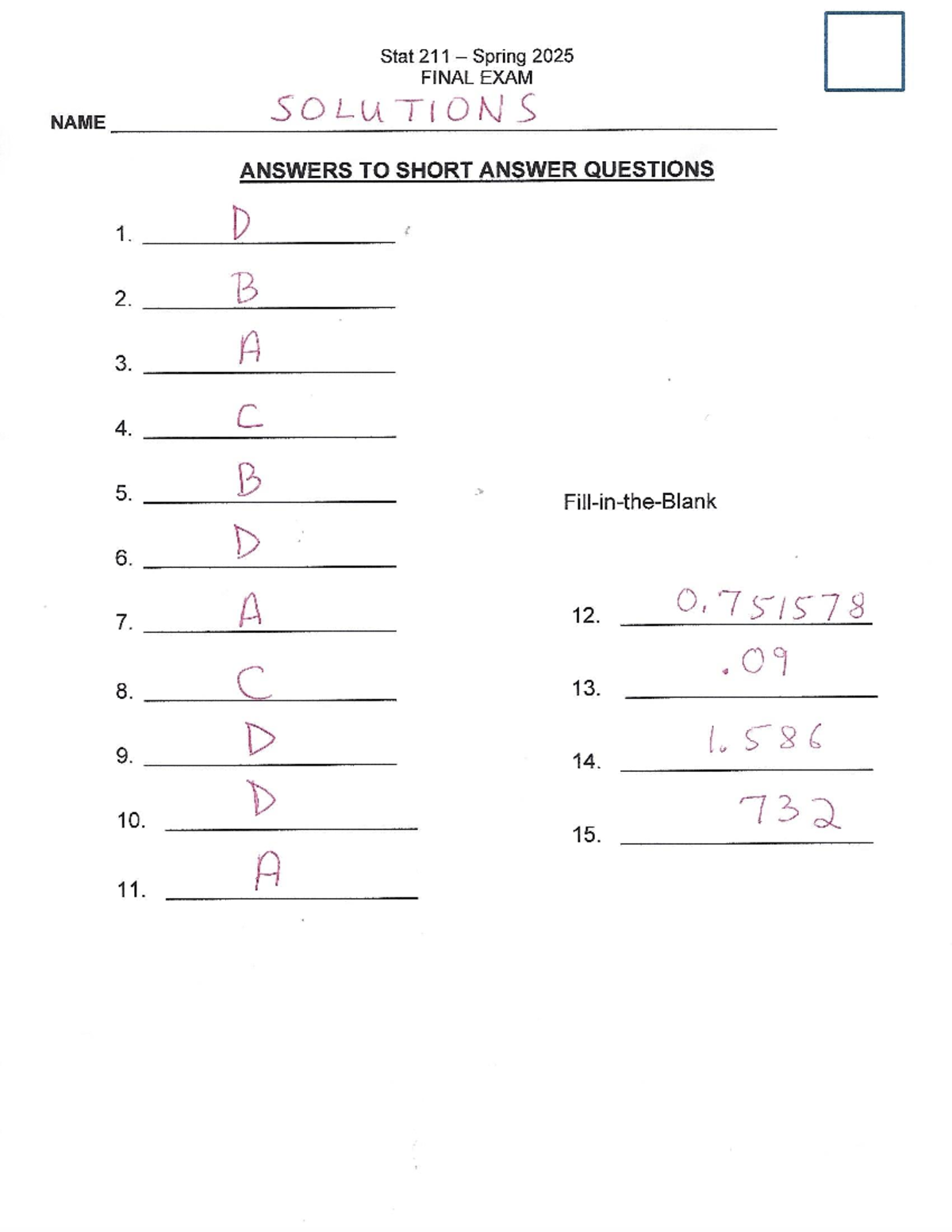 Stat 211 Spring 2025 Final Exam Solutions and Short Answer Guide - Studocu