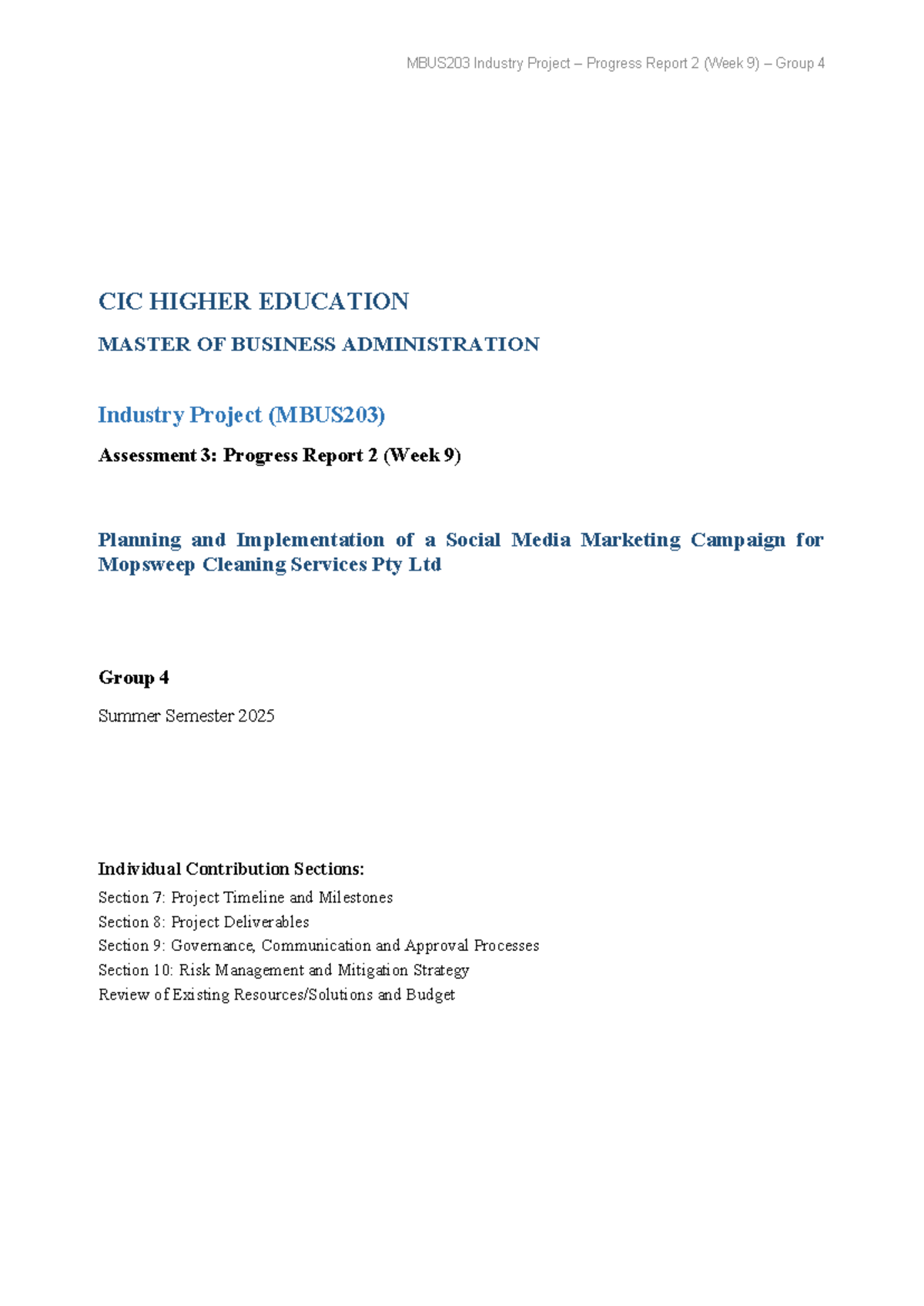 MBUS203 Industry Project Progress Report 2 (Week 9) - Group 4 - Studocu