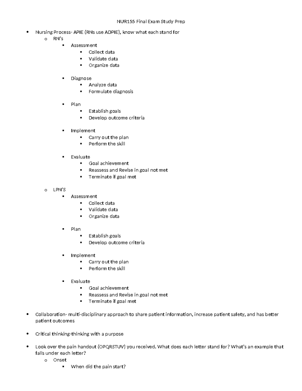 NUR155 Final Exam Study Guide: Mastering Nursing Process & Clinical ...