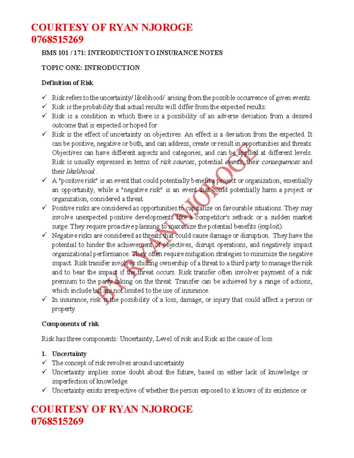 BMS 101: Introduction to Insurance - Topic 1 Revision Notes - Studocu