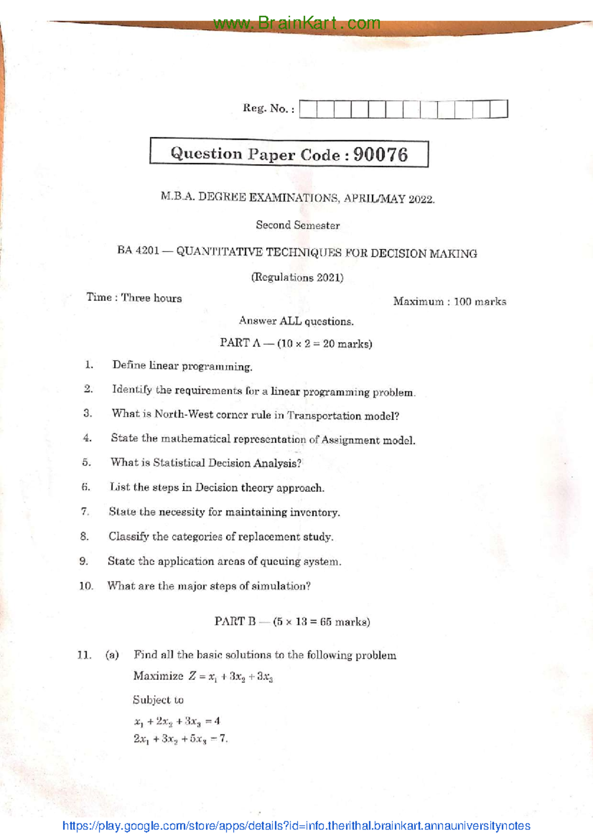 Quantitative Techniques for Decision Making - BA4201 Question Paper ...