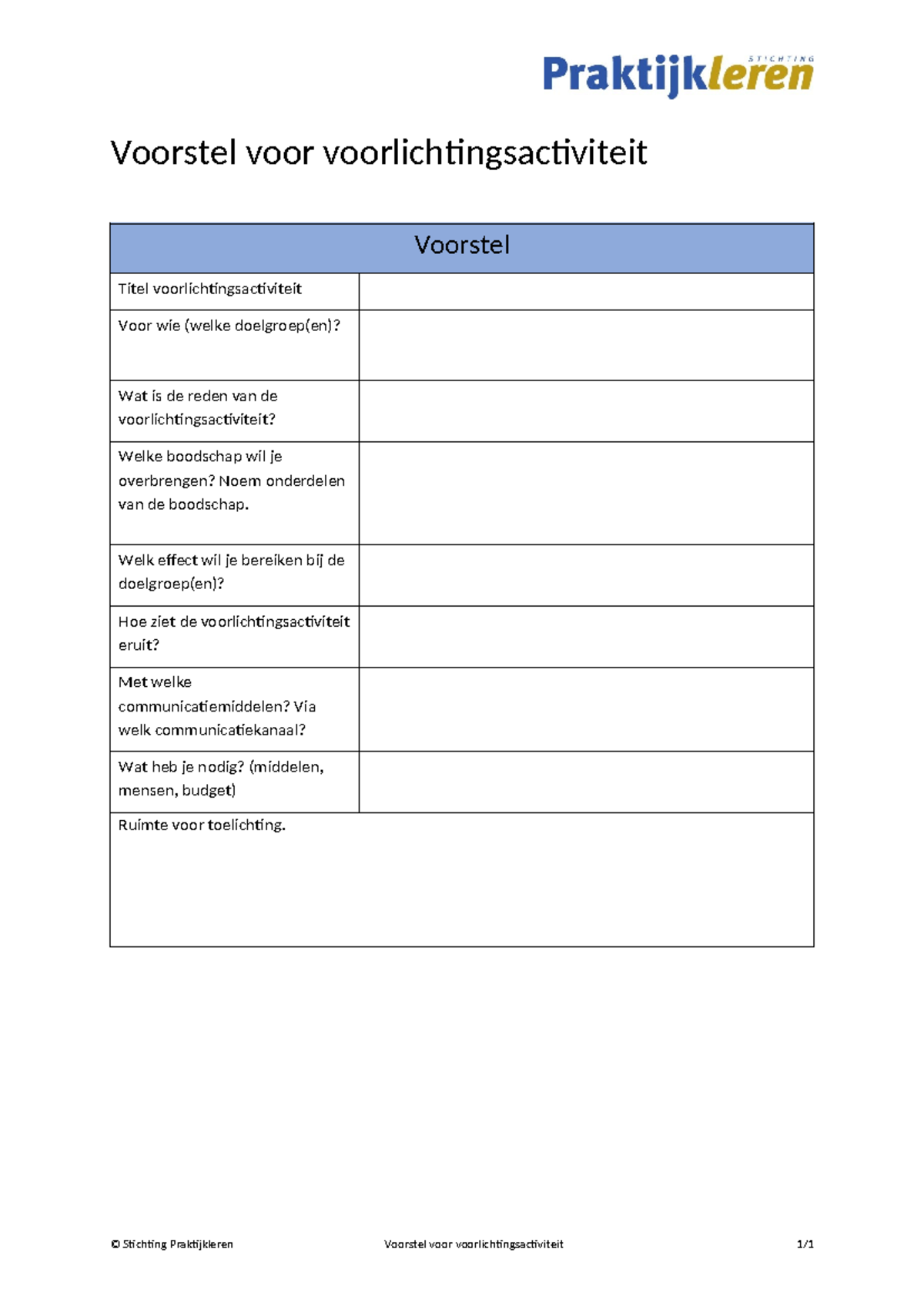 Voorstel voor voorlichtingsactiviteit - Voorstel voor ...