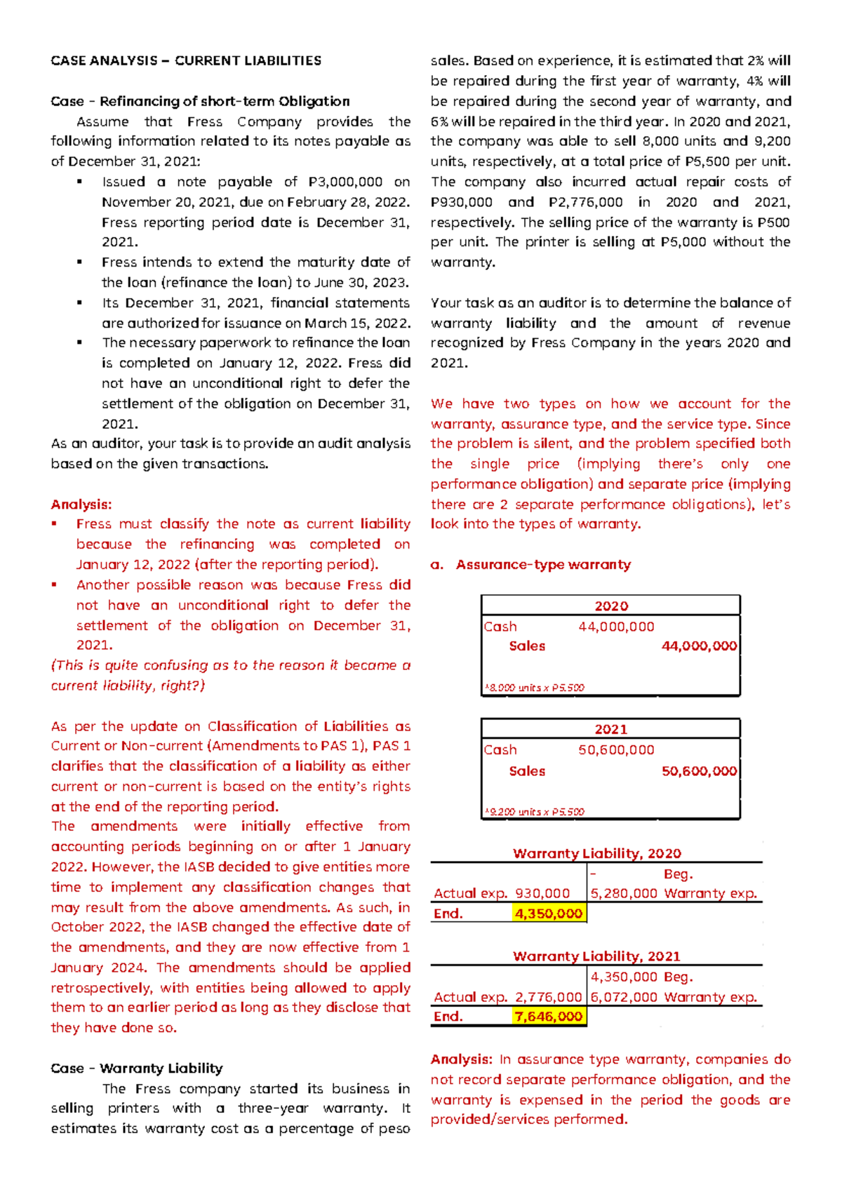 Audit 2 Case Analysis: Current Liabilities and Provisions - Studocu