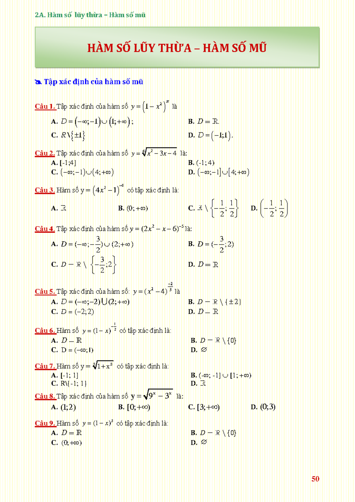 Cau hoi trac nghiem mon toan lop 12 ham so luy thua ham so mu - Tập xác ...