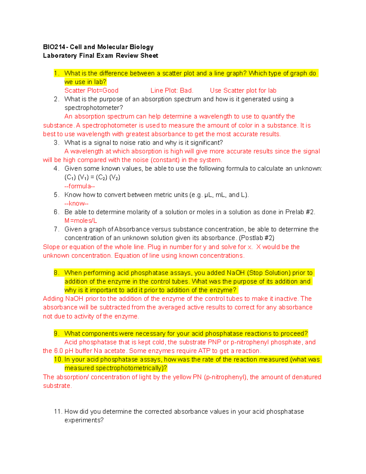 Bio 214 LAB-Final - Comprehensive Study Guide for Cell Biology Lab Exam ...