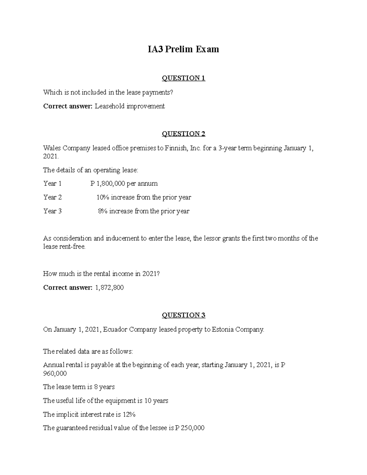 Intermediate Accounting 3 Prelim Exam Questions and Answers - Studocu