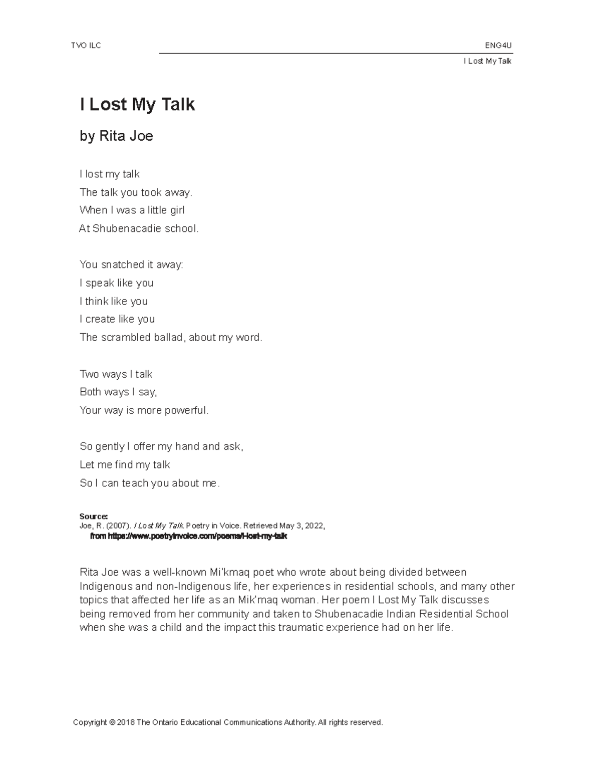 TVO ILC ENG4U Mandatory Poem Analysis: I Lost My Talk - Studocu