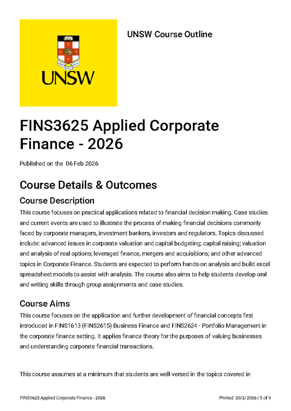 FINS3625 Applied Corporate Finance Course Outline 2026 - Studocu