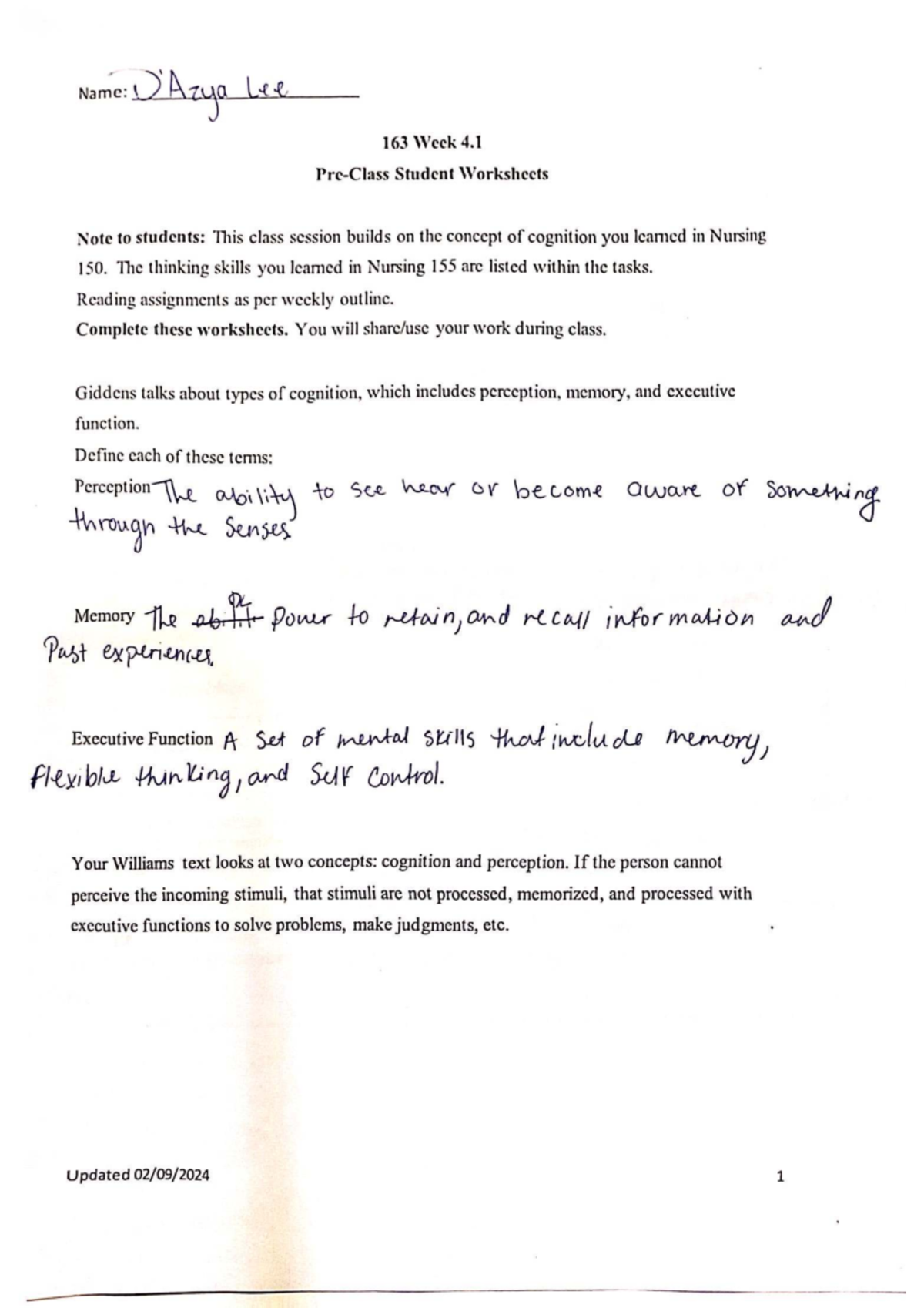 NUR 163 Week 4 - Pre-Class Assignment on Cognition and Perception - Studocu