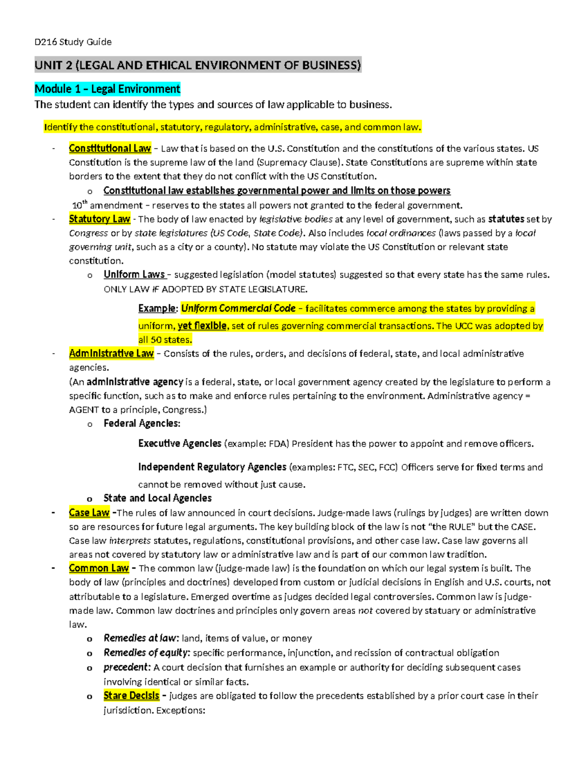 D216 Business Law for Accountants Study Guide: Legal & Ethical Issues ...