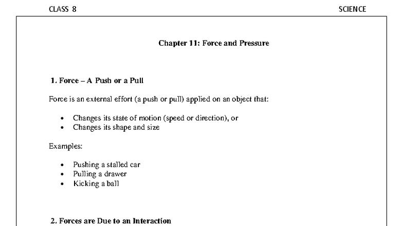 CLASS 8 SCIENCE Chapter 11: Force and Pressure Study Notes - Studocu