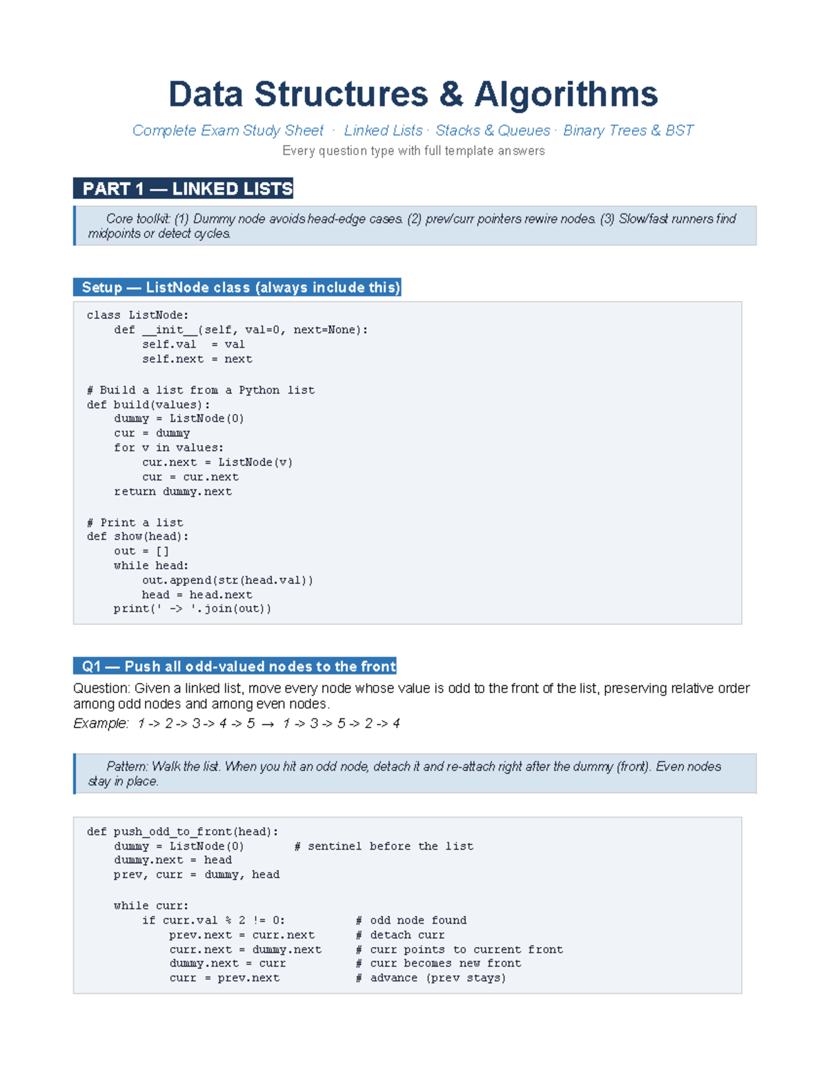 DSA 101: Complete Exam Study Sheet on Linked Lists, Stacks, and Trees ...