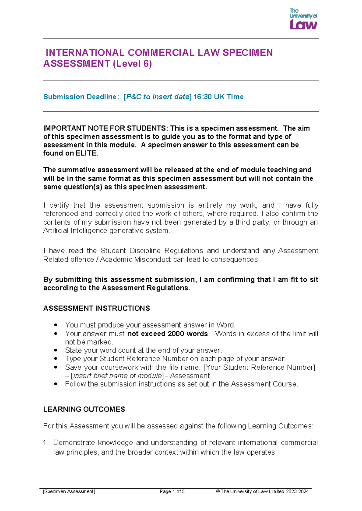 ICL 2425 Specimen Assessment Guide for Level 6 Students - Studocu