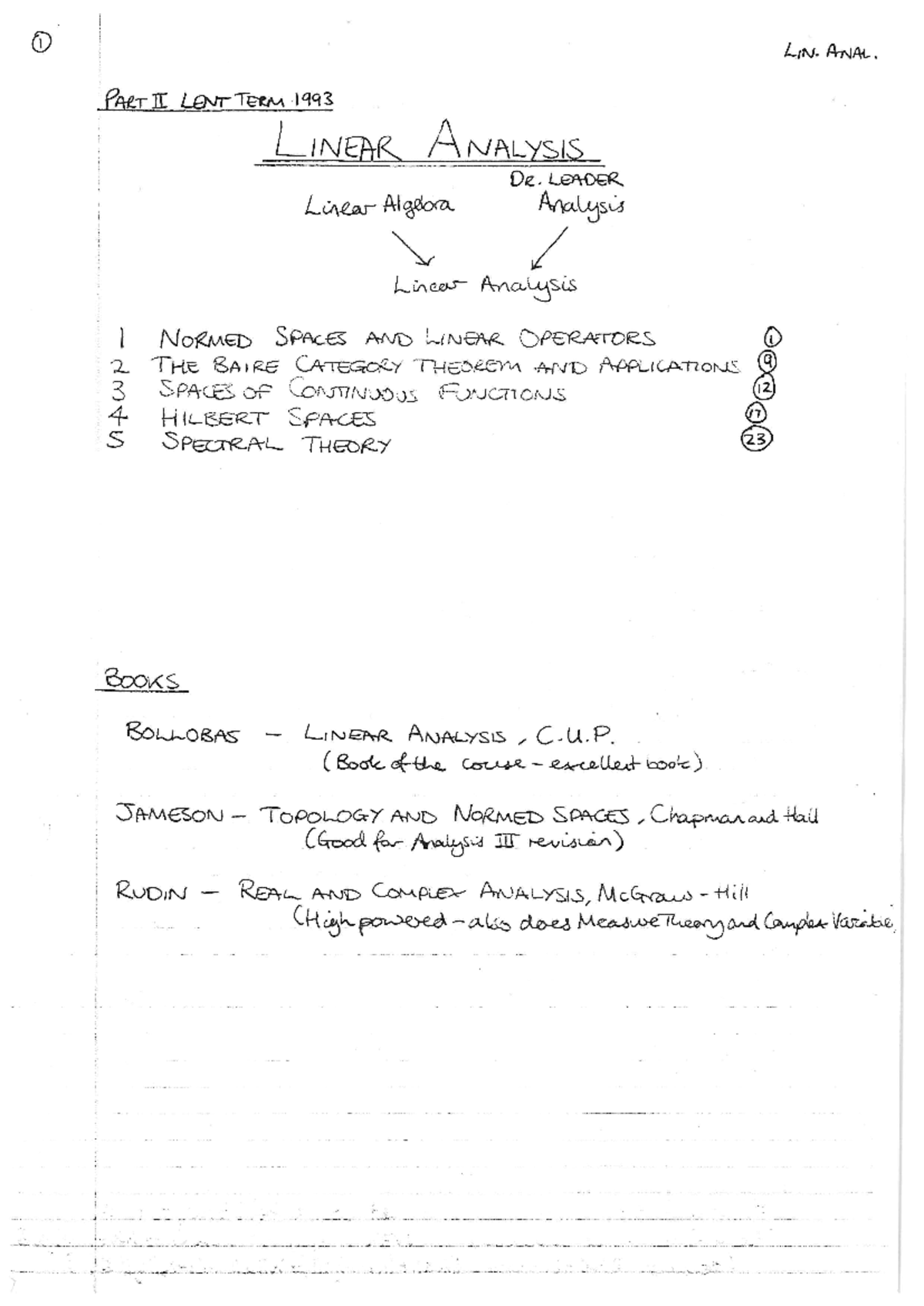 Lanotes - lecture notes - I LIN. ANAL. PART II LENT TERM 1993 LINEAR ...