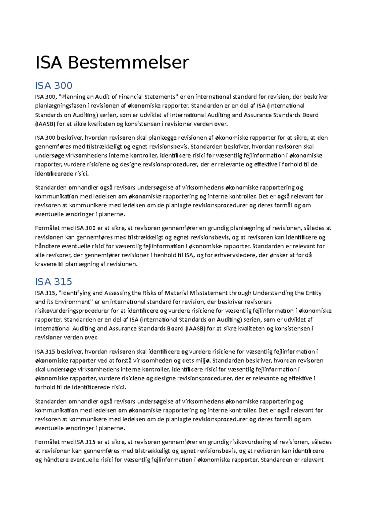 ISA 300-320: Overview of International Auditing Standards - Studocu