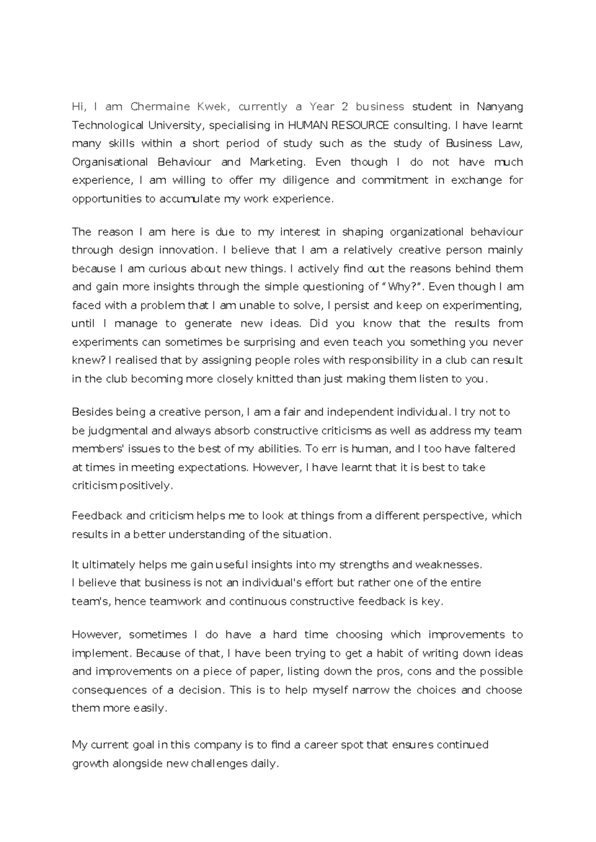 Introductory Video Script copy - Hi, I am Chermaine Kwek, currently a ...