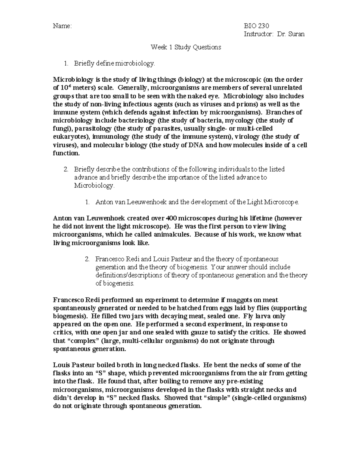 BIO 230 Week 1 Study Questions: Key Figures in Microbiology - Name: BIO ...