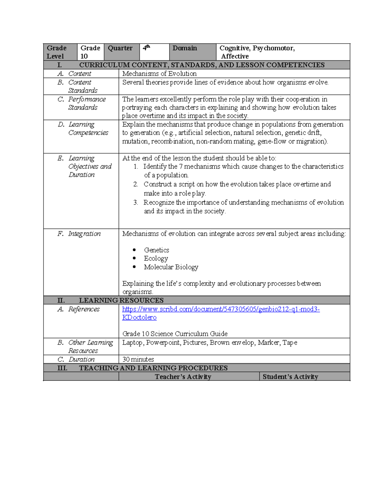 Grade 10 Science: Mechanisms of Evolution Lesson Plan DLP - Studocu